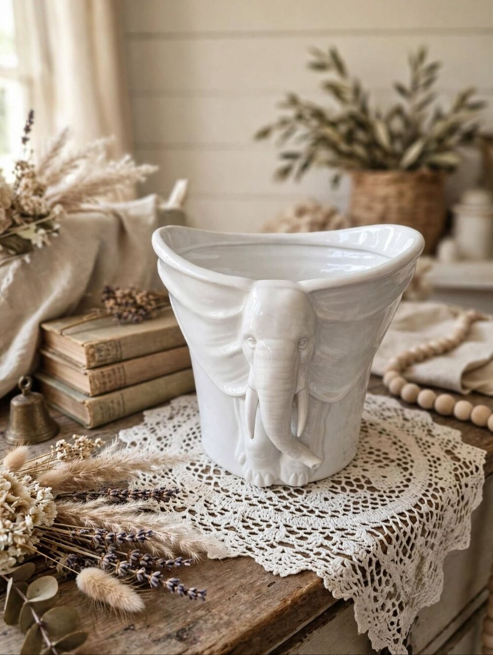 Vintage White Ceramic Elephant Planter Planter Pot Japan MCM Mid Century